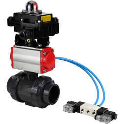 Кран шаровой BV4242E-FP-GRM-ISO Дн40 Ру10 полнопроходной, корпус - НПВХ, шар - НПВХ, уплотнение - EPDM, с пневмоприводом PA-SA-065, пневмораспределителем 4V320-10 AC220V и БКВ APL-410N EX