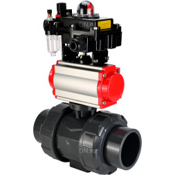 Кран шаровой BV4242E-FP-GRM-ISO Дн15 Ру10 полнопроходной, корпус - НПВХ, шар - НПВХ, уплотнение - EPDM, с пневмоприводом PA-SA-052, пневмораспределителем 4M310-08 DC24V, БКВ APL-410N EX и БПВ AFC2000