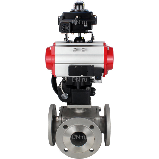Кран шаровой BV3232P(4pc)-FP-3WL-F Ду20 Ру16 полнопроходной трехходовой, фланцевый, корпус - нержав.сталь SS316, пневмопривод PA-DA-052 двойн.действия, пневмораспределитель 4M310-08 AC220V, БКВ APL-410N EX и ручной дублер MON1-250-T26-ISO