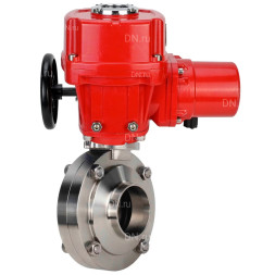 Затвор дисковый поворотный WBV3131S-2W-W-H Ду32 Ру10 под приварку, корпус - пищевая нержавеющая сталь 304, уплотнение - Silicon, с электроприводом QT-EX-005M-O2-380VAC-У1 с моментной муфтой и штурвалом