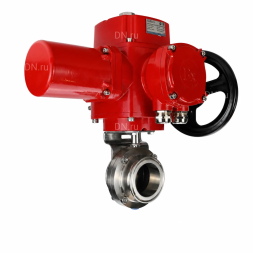 Затвор дисковый поворотный WBV3131S-2W-C-H Ду65 Ру10 кламповый, корпус - пищевая нержавеющая сталь 304, уплотнение - Silicon, с электроприводом QT-EX-005M-O2-220VAC-У1 с моментной муфтой и штурвалом