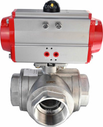 Кран шаровой BV3232P(4pc)-SP-3WL-T-ISO-H Ду10 Ру63 стандартнопроходной L-тип, трехходовой, нержавеющая сталь SS316, внутренняя резьба, уплотнение - PTFE, с пневмоприводом PA-SA-52 с возвратными пружинами