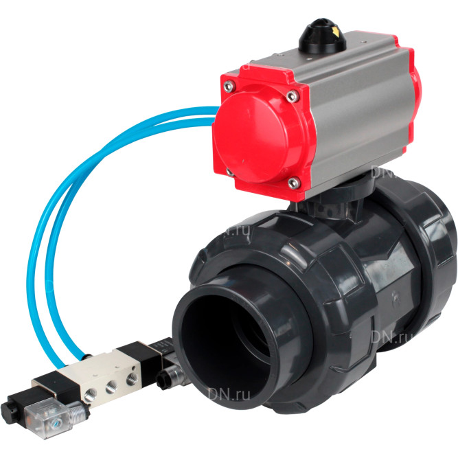 Кран шаровой BV4242E-FP-GRM-ISO Дн32 Ру10 полнопроходной, корпус - НПВХ, шар - НПВХ, уплотнение - EPDM, с пневмоприводом PA-DA-052 и пневмораспределителем 4V320-08 AC220V