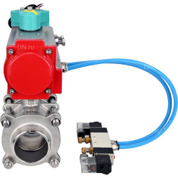 Кран шаровой BV3232P(3pc)-FP-W-ISO-H WDVF Ду40 Ру40 полнопроходной, трехсоставной, корпус - нержавеющая сталь 316, PTFE, под приварку, с пневмоприводом PA-DA-065, пневмораспределителем 4V320-10 AC220V и магнитным переключателем ALS200D