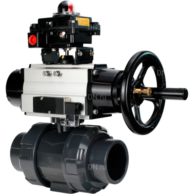 Кран шаровой BV4242E-FP-GRM-ISO Дн32 Ру10 полнопроходной, корпус - НПВХ, шар - НПВХ, уплотнение - EPDM, с пневмоприводом PA-DA-105-1, пневмораспределителем 4M310-08 AC220V и БКВ APL-410N EX