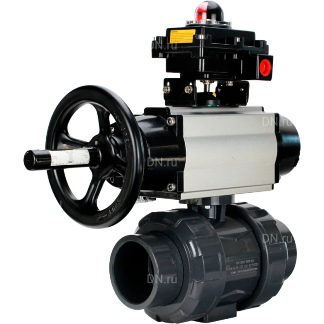 Кран шаровой BV4242E-FP-GRM-ISO Дн32 Ру10 полнопроходной, корпус - НПВХ, шар - НПВХ, уплотнение - EPDM, с пневмоприводом PA-DA-105-1, пневмораспределителем 4M310-08 AC220V и БКВ APL-410N EX