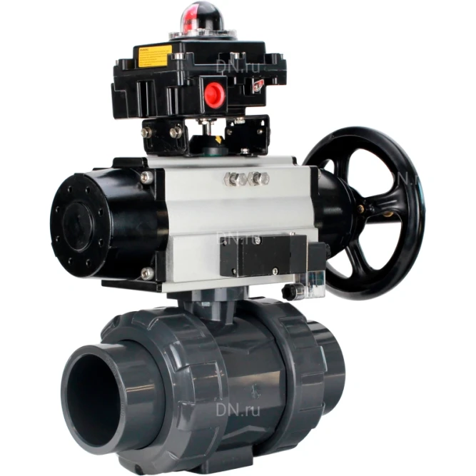 Кран шаровой BV4242E-FP-GRM-ISO Дн32 Ру10 полнопроходной, корпус - НПВХ, шар - НПВХ, уплотнение - EPDM, с пневмоприводом PA-DA-105-1, пневмораспределителем 4M310-08 AC220V и БКВ APL-410N EX