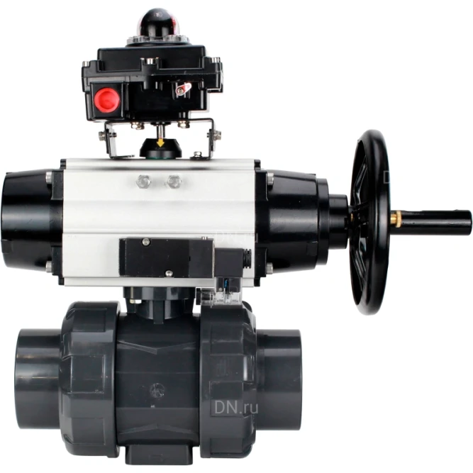 Кран шаровой BV4242E-FP-GRM-ISO Дн32 Ру10 полнопроходной, корпус - НПВХ, шар - НПВХ, уплотнение - EPDM, с пневмоприводом PA-DA-105-1, пневмораспределителем 4M310-08 AC220V и БКВ APL-410N EX