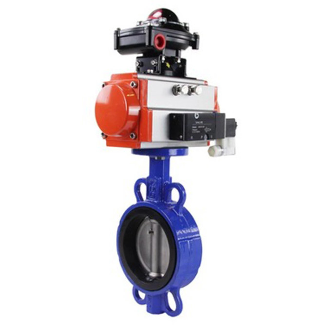 Затвор дисковый поворотный WBV3432E-2W-Fb-H Ду40 Ру16, корпус - углеродистая сталь WCB, диск - нержавеющая сталь 316L, уплотнение - EPDM, с пневмоприводом PA-SA-083 с возвратными пружинами, с пневмораспределителем 4V320-10 AC220V, с БКВ APL-210N
