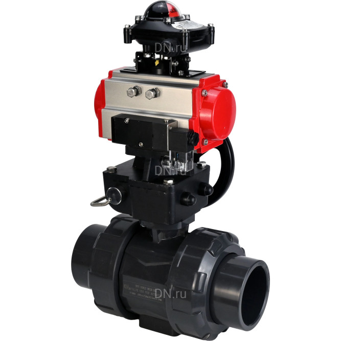 Кран шаровой BV4242E-FP-GRM-ISO Дн15 Ру10 полнопроходной, корпус - НПВХ, шар - НПВХ, уплотнение - EPDM, с пневмоприводом PA-DA-052, пневмораспределителем 4M310-08 DC24V, ручным дублером MON1-250-T26-ISO и БКВ APL-210N