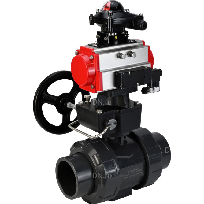 Кран шаровой BV4242E-FP-GRM-ISO Дн15 Ру10 полнопроходной, корпус - НПВХ, шар - НПВХ, уплотнение - EPDM, с пневмоприводом PA-DA-052, пневмораспределителем 4M310-08 DC24V, ручным дублером MON1-250-T26-ISO и БКВ APL-210N