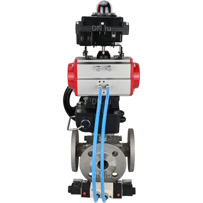 Кран шаровой BV3232P(4pc)-FP-3WL-F Ду20 Ру16 полнопроходной трехходовой, фланцевый, нержав.сталь SS316, с пневмоприводом PA-DA-052 двойн.действия, пневмораспределителем 4V320-10 AC220V, БКВ APL-410N EX и ручным дублером MON1-250-T26-ISO