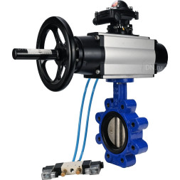 Затвор дисковый поворотный WBV1616N-2W-Fb-H Ду125 Ру16 LUG корпус - чугун QT450, диск - чугун QT450, уплотнение - NBR, с пневмоприводом PA-DA-105-1, пневмораспределителем 4V320-08 AC220V и БКВ APL-210N