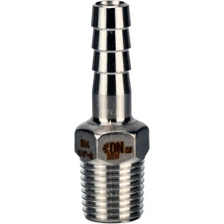 Штуцер елочка BF31-T-3/8-10 3/8″х10мм Ду10 Ру16 шланговый, корпус - нержавеющая сталь AISI 304 (CF8), присоединение - наружная резьба/штуцер