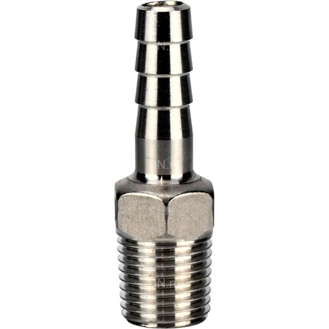 Штуцер елочка BF31-T-3/8-10 3/8″х10мм Ду10 Ру16 шланговый, корпус - нержавеющая сталь AISI 304 (CF8), присоединение - наружная резьба/штуцер