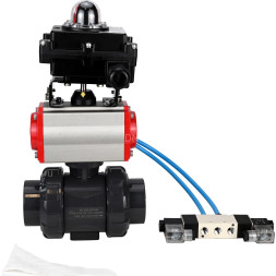 Кран шаровой BV4242E-FP-GRM-ISO Дн100 Ру10 полнопроходной, корпус - НПВХ, шар - НПВХ, уплотнение - EPDM, с пневмоприводом PA-SA-083, пневмораспределителем 4V320-10 AC220V и БКВ APL-410N EX