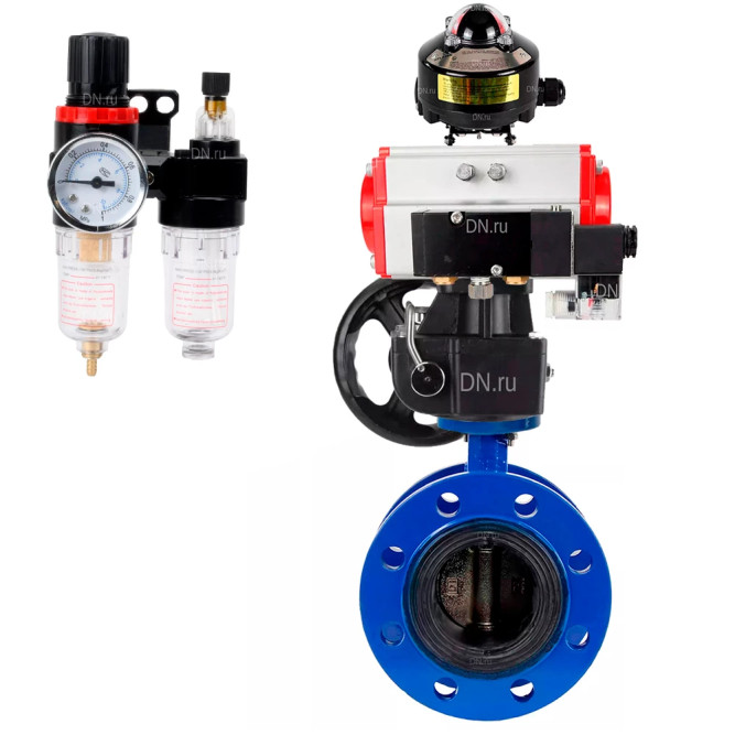 Затвор дисковый поворотный WBV1331E-2W-F-H Ду200 Ру16 фланцевый, чугун GGG40/нержавеющая сталь 304, EPDM, с пневмоприводом PA-DA-140, пневмораспределителем 4M310-08 AC220V, БКВ APL-510N EX, ручным дублером MON4-1200-T54-ISO и БПВ AFC2000