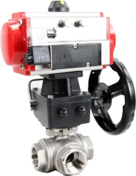 Кран шаровой BV3232P(4pc)-SP-3WL-T-ISO-H Ду10 Ру63 стандартнопроходной трехходовой L-тип, нерж. сталь SS316, внутренняя резьба, уплотнение - PTFE, пн.приводом PA-DA-065, пн.распределителем 4M310-08 DC24V и ручным дублером MON1-250-T26-ISO