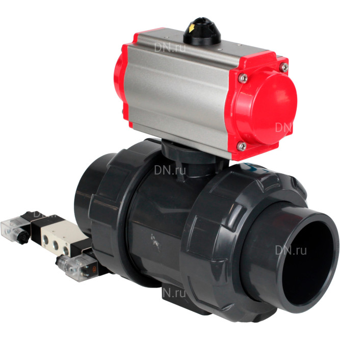 Кран шаровой BV4242E-FP-GRM-ISO Дн80 Ру10 полнопроходной, корпус - НПВХ, шар - НПВХ, уплотнение - EPDM, с пневмоприводом PA-DA-065 и пневмораспределителем 4V320-08 AC220V