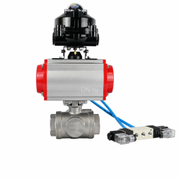 Кран шаровой BV3232P(4pc)-SP-3WL-T-ISO-H WDVF Ду32 Ру63 стандартнопроходной, 3-ходовой L-тип, внутренняя резьба, нержавеющая сталь AISI 316, PTFE, с пневмоприводом PA-DA-083, пневмораспределителем 4V320-08 AC220V и БКВ APL-510N EX