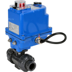 Кран шаровой BV4242E-FP-GRM-ISO Дн20 Ру10 полнопроходной, клеевой с разборным муфтовым соединением, корпус - НПВХ, шар - НПВХ, уплотнение - EPDM, с электроприводом QT-N-003EM-O1-12VDC-У1 blue