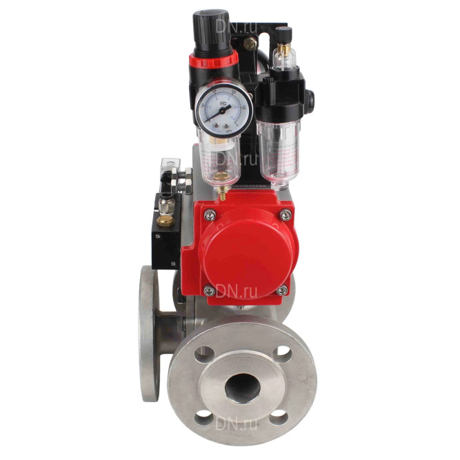 Кран шаровой BV3232P(4pc)-FP-3WL-F Ду50 Ру16 полнопроходной трехходовой, фланцевый, корпус - нержавеющая сталь SS316, с пневмоприводом PA-SA-105 с возвратными пружинами, пневмораспределителем 4M310-08 DC24V, БКВ APL-210N и БПВ AFC2000
