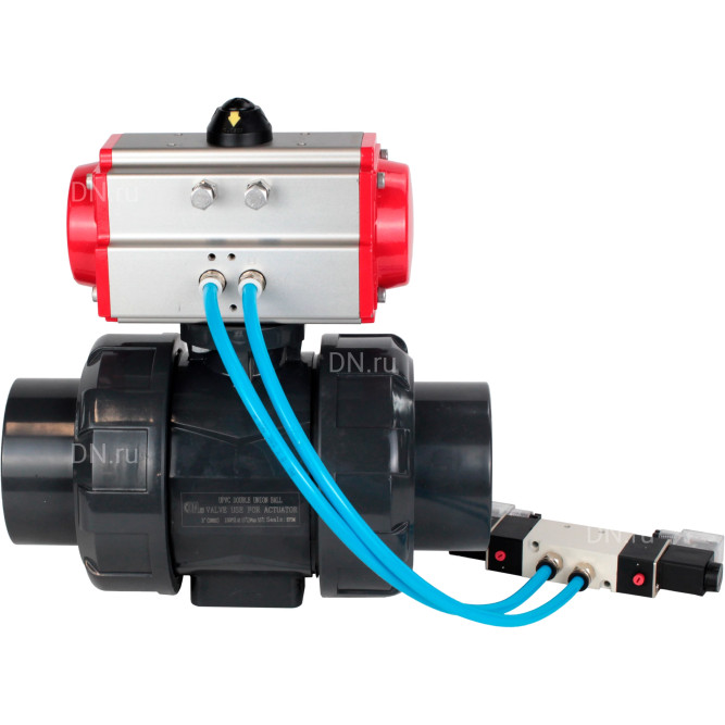 Кран шаровой BV4242E-FP-GRM-ISO Дн100 Ру10 полнопроходной, корпус - НПВХ, шар - НПВХ, уплотнение - EPDM, с пневмоприводом PA-DA-065 и пневмораспределителем 4V320-08 AC220V