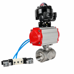 Кран шаровой BV3232P(4pc)-SP-3WL-T-ISO-H WDVF Ду40 Ру63 стандартнопроходной, 3-ходовой L-тип, внутренняя резьба, нержавеющая сталь AISI 316, PTFE, с пневмоприводом PA-DA-083, пневмораспределителем 4V320-08 AC220V и БКВ APL-510N EX