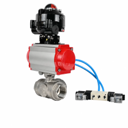 Кран шаровой BV3232P(4pc)-SP-3WL-T-ISO-H WDVF Ду40 Ру63 стандартнопроходной, 3-ходовой L-тип, внутренняя резьба, нержавеющая сталь AISI 316, PTFE, с пневмоприводом PA-DA-083, пневмораспределителем 4V320-08 AC220V и БКВ APL-510N EX