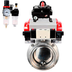 Затвор дисковый поворотный WBV3131S-2W-T-H Ду25 Ру10 резьбовой, пищевая нержавеющая сталь 304, уплотнение – Silicon, с пневмоприводом PA-SA-065, пневмораспределителем 4V320-08 AC220V, БКВ APL-410N EX и БПВ AFC2000