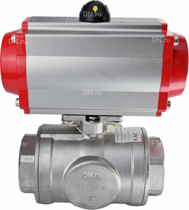 Кран шаровой BV3232P(4pc)-SP-3WL-T-ISO-H Ду50 Ру63 стандартнопроходной L-тип, трехходовой, нержавеющая сталь SS316, внутренняя резьба, уплотнение - PTFE, с пневмоприводом PA-SA-83 с возвратными пружинами