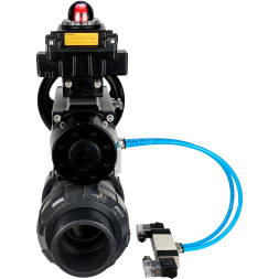 Кран шаровой BV4242E-FP-GRM-ISO Дн25 Ру10 полнопроходной, корпус - НПВХ, шар - НПВХ, уплотнение - EPDM, с пневмоприводом PA-DA-105-1, пневмораспределителем 4V320-10 AC220V и БКВ APL-410N EX