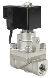 Клапан электромагнитный на высокое давление VS931-PT-NC-220VAC 1 1/2″ Ду40 Ру6-80 соленоидный двухходовой поршневой, корпус - нержавеющая сталь 304, уплотнение - PTFE, резьбовой, пилотного действия, нормально закрытый, катушка - 220В