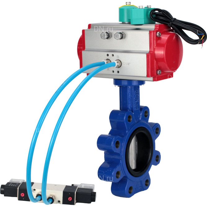 Затвор дисковый поворотный WBV1631N-2W-Fb-H Ду125 Ру16 LUG корпус - чугун QT450, диск - нержавеющая сталь 304, уплотнение - NBR, с пневмоприводом PA-DA-105, пневмораспределителем 4V320-08 AC220V и магнитным переключателем ALS200D