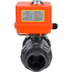 Кран шаровой BV4242E-FP-GRM-ISO Дн25 Ру10 полнопроходной, корпус - НПВХ, шар - НПВХ, уплотнение - EPDM, с электроприводом QT-N-003EM-O1-220VAC-У1 MINI