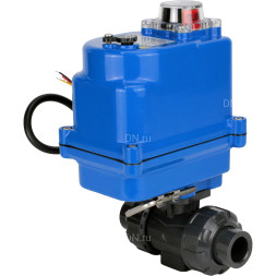 Кран шаровой BV4242E-FP-GRM-ISO Дн40 Ру10 полнопроходной, клеевой с разборным муфтовым соединением, корпус - НПВХ, шар - НПВХ, уплотнение - EPDM, с электроприводом QT-N-003EM-O1-12VDC-У1 blue