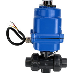 Кран шаровой BV4242E-FP-GRM-ISO Дн40 Ру10 полнопроходной, клеевой с разборным муфтовым соединением, корпус - НПВХ, шар - НПВХ, уплотнение - EPDM, с электроприводом QT-N-003EM-O1-12VDC-У1 blue