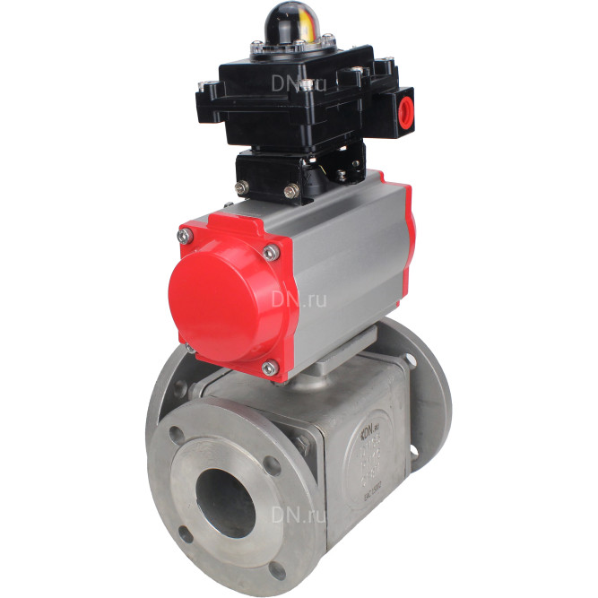 Кран шаровой BV3232P(4pc)-FP-3WL-F Ду80 Ру16 полнопроходной трехходовой, фланцевый, корпус - нержавеющая сталь SS316, с пневмоприводом PA-DA-105 двойного действия и БКВ APL-410N EX