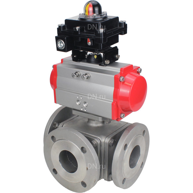 Кран шаровой BV3232P(4pc)-FP-3WL-F Ду80 Ру16 полнопроходной трехходовой, фланцевый, корпус - нержавеющая сталь SS316, с пневмоприводом PA-DA-105 двойного действия и БКВ APL-410N EX