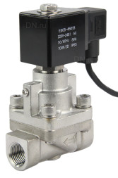 Клапан электромагнитный на высокое давление VS931-PT-NC-220VAC 2″ Ду50 Ру6-80 соленоидный двухходовой поршневой, корпус - нержавеющая сталь 304, уплотнение - PTFE, резьбовой, пилотного действия, нормально закрытый, катушка - 220В