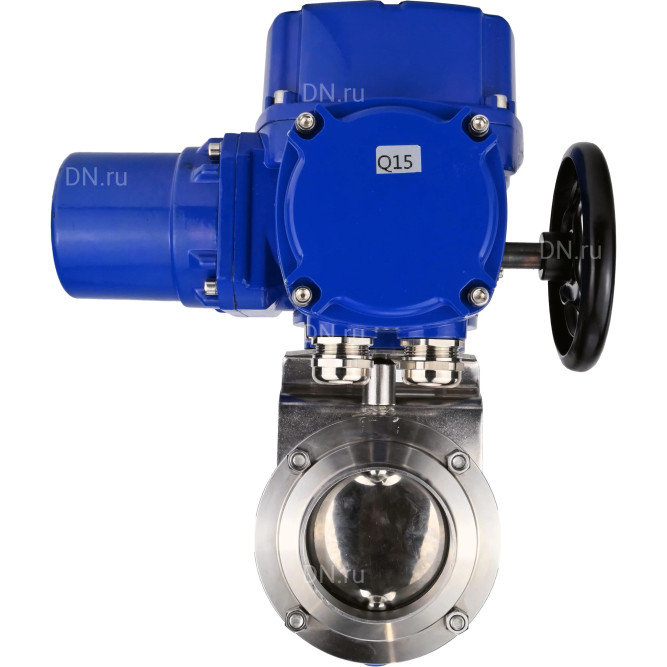 Затвор дисковый поворотный WBV3131S-2W-W-H Ду25 Ру10 под приварку, корпус - пищевая нержавеющая сталь 304, уплотнение - Silicon, с электроприводом QT-N-005M-O2-220VAC-У1 с моментной муфтой и штурвалом