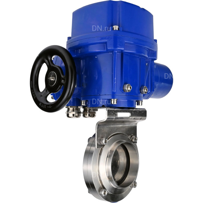 Затвор дисковый поворотный WBV3131S-2W-W-H Ду25 Ру10 под приварку, корпус - пищевая нержавеющая сталь 304, уплотнение - Silicon, с электроприводом QT-N-005M-O2-220VAC-У1 с моментной муфтой и штурвалом