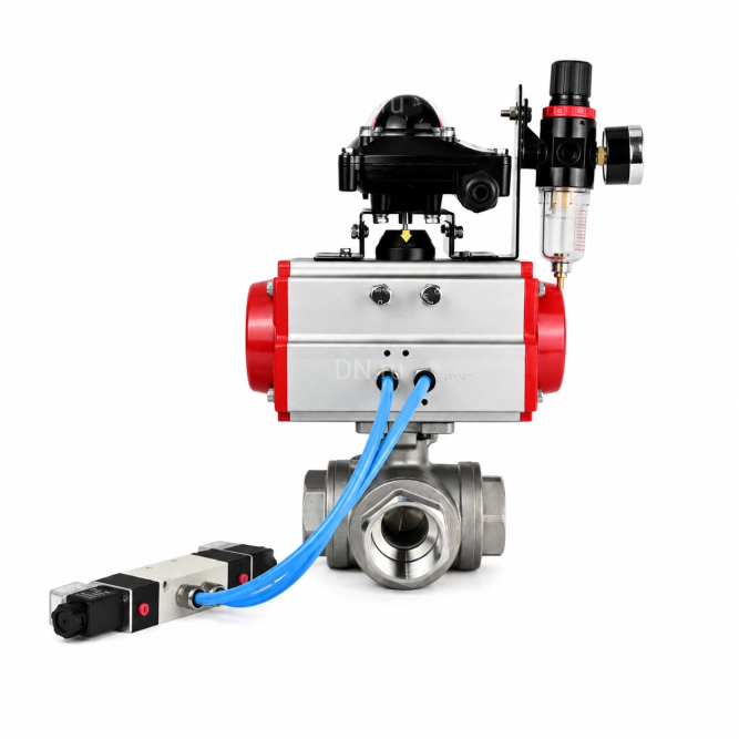 Кран шаровой BV3232P(4pc)-SP-3WL-T-ISO-H WDVF Ду32 Ру63 стандартнопроходной, 3-ходовой L-тип, внутренняя резьба, нержавеющая сталь AISI 316, PTFE, с пневмоприводом PA-DA-083, пневмораспределителем 4V320-08 AC220V и БКВ APL-210N