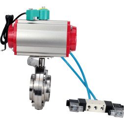 Затвор дисковый поворотный WBV3131S-2W-W-H Ду80 Ру10 под приварку, пищевая нержавеющая сталь 304, уплотнение - Silicon, с пневмоприводом PA-DA-052, пневмораспределителем 4V320-10 AC220V и магнитным переключателем ALS200D