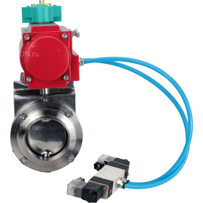 Затвор дисковый поворотный WBV3131S-2W-W-H Ду80 Ру10 под приварку, пищевая нержавеющая сталь 304, уплотнение - Silicon, с пневмоприводом PA-DA-052, пневмораспределителем 4V320-10 AC220V и магнитным переключателем ALS200D