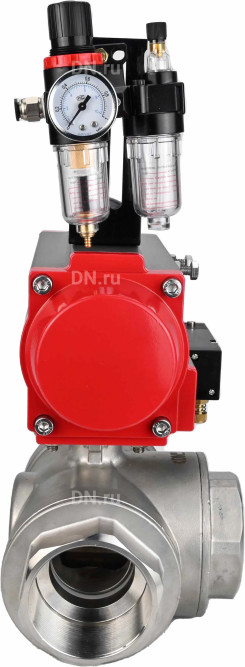 Кран шаровой BV3232P(4pc)-SP-3WL-T-ISO-H Ду65 Ру40 стандартнопроходной трехходовой L-тип, нержавеющая сталь SS316, внутренняя резьба, уплотнение - PTFE, с пн.приводом PA-DA-083 c пн.распределителем 4M310-08 DC24V и БПВ AFC2000