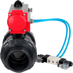 Кран шаровой BV4242E-FP-GRM-ISO Дн32 Ру10 полнопроходной, корпус - НПВХ, шар - НПВХ, уплотнение - EPDM, с пневмоприводом PA-SA-052 и пневмораспределителем 4V320-08 AC220V
