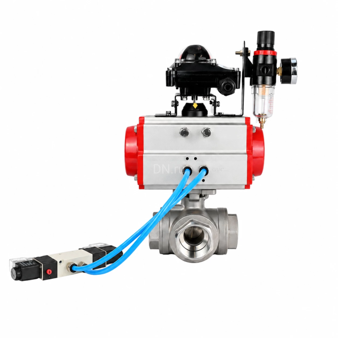 Кран шаровой BV3232P(4pc)-SP-3WL-T-ISO-H WDVF Ду65 Ру40 стандартнопроходной, 3-ходовой L-тип, внутренняя резьба, нержавеющая сталь AISI 316, PTFE, с пневмоприводом PA-SA-140, пневмораспределителем 4V320-08 AC220V, БКВ APL-210N и БПВ AFC2000