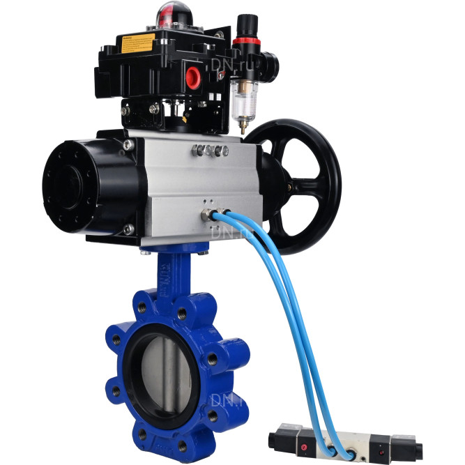Затвор дисковый поворотный WBV1631E-2W-Fb-H Ду125 Ру16 LUG корпус - чугун QT450, диск - нержавеющая сталь 304, уплотнение - EPDM, с пневмоприводом PA-DA-105-1, пневмораспределителем 4V320-08 AC220V, БКВ APL-410N EX и БПВ AFC2000