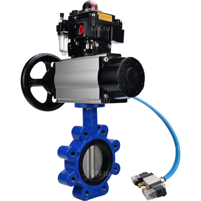 Затвор дисковый поворотный WBV1631E-2W-Fb-H Ду125 Ру16 LUG корпус - чугун QT450, диск - нержавеющая сталь 304, уплотнение - EPDM, с пневмоприводом PA-DA-105-1, пневмораспределителем 4V320-08 AC220V, БКВ APL-410N EX и БПВ AFC2000